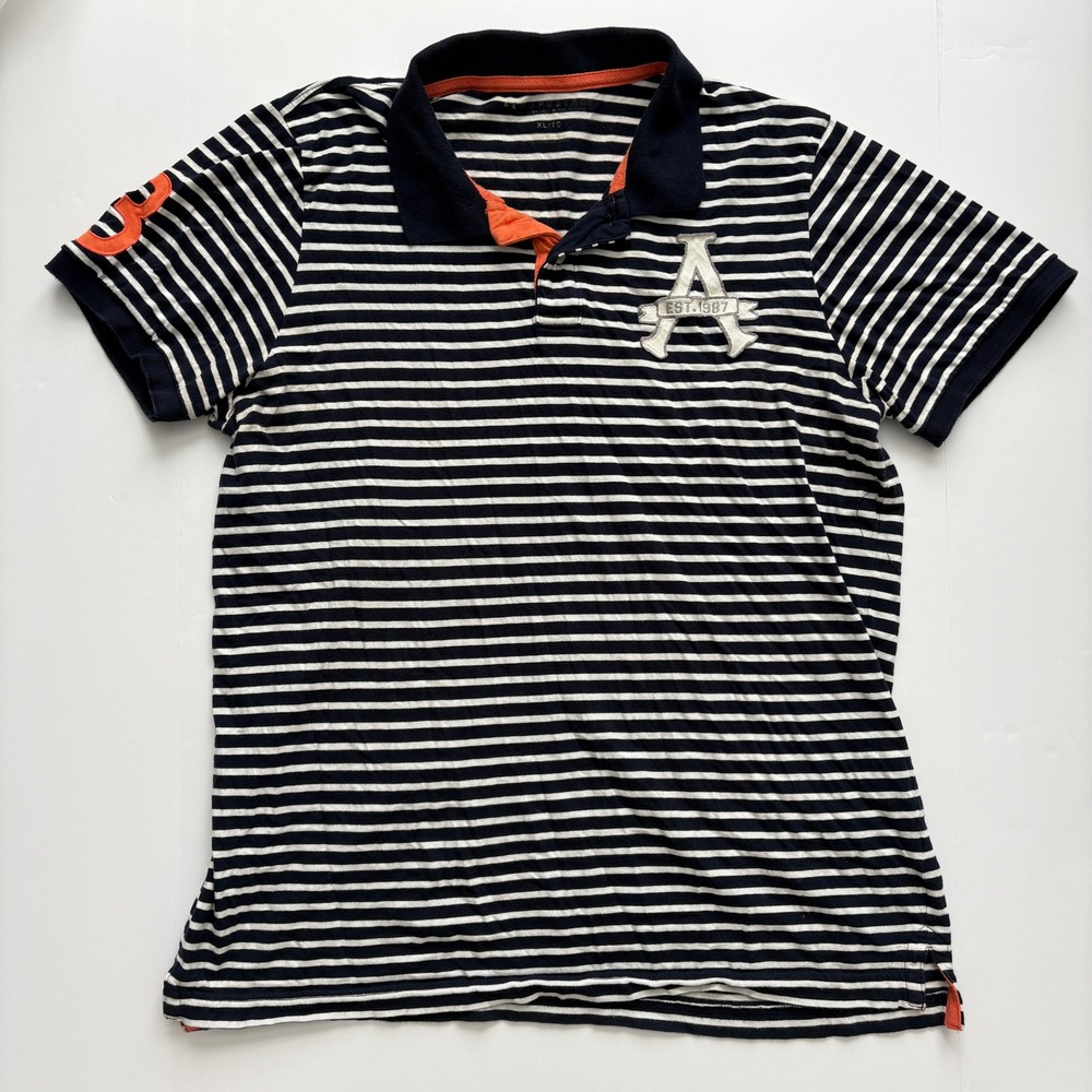 Aeropostale Men XL Navy Cream Striped Polo Shirt A Est 1987 Applique 2010s